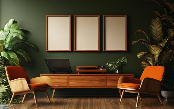 Mid-century modern living room with record player, plants, and empty frames. (1)