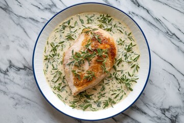 a plate with a baked chicken fillet in creamy sauce with herbs
