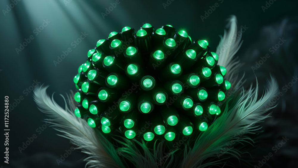 Poster a detailed close-up of a cluster of glowing bright green lights, arranged in a pattern, with soft ha