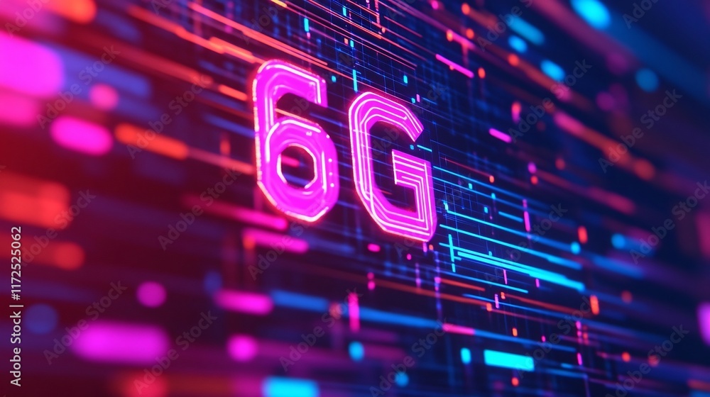 Poster glowing 6g text with holographic effect and abstract digital shapes symbolizing future technology
