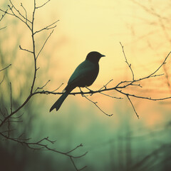 Bird perched on branch at sunset in misty forest