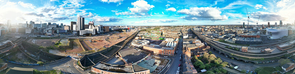 Fototapeta premium High Angle Ultra Wide Panoramic View of Buildings at Downtown Central Birmingham City of England United Kingdom During Sunset. Aerial View of Was Captured with Drone's Camera on March 30th, 2024
