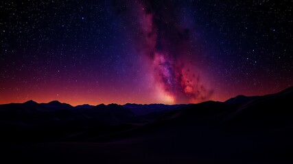 Fototapeta premium Majestic night sky over silhouetted mountains, featuring vibrant pink and purple milky way galaxy, starry night landscape.