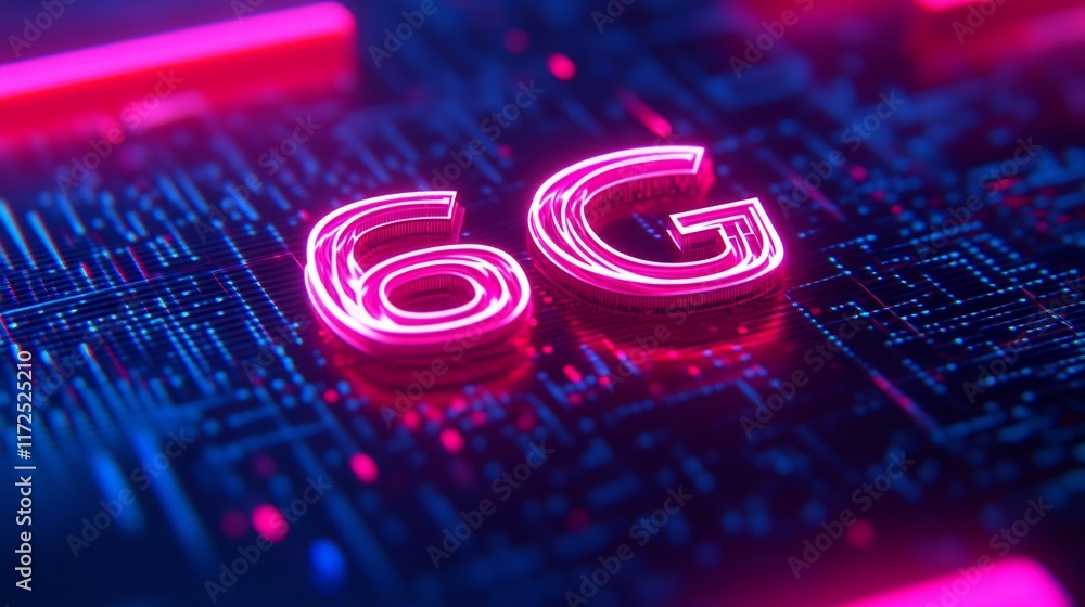 Poster 3d '6g' logo floating in digital space with neon data waves representing future wireless