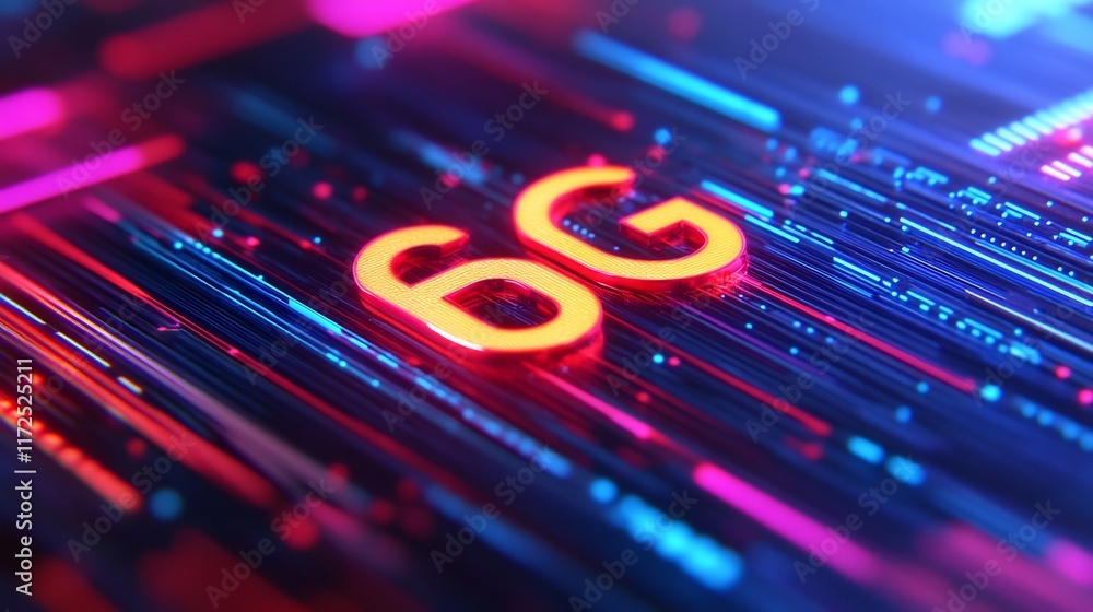 Poster glowing 6g text with abstract holographic shapes symbolizing high-speed networks and