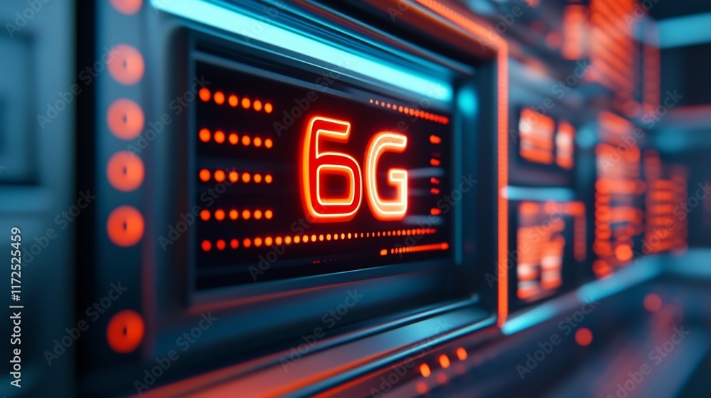 Poster 6g futuristic metallic font in sleek high-tech environment with augmented reality holograms