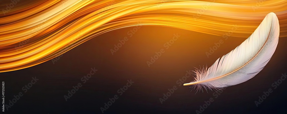 Aufkleber feather abstract background idea. elegant white feather floating among golden flowing waves of light