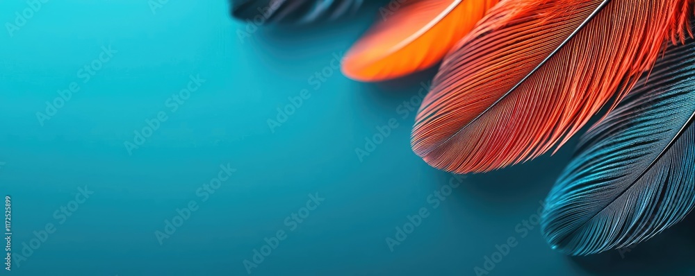 Poster feather abstract background idea. a vibrant collection of colorful feathers against a blue backgroun