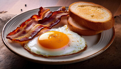 Plate with fried egg, crispy bacon and bread