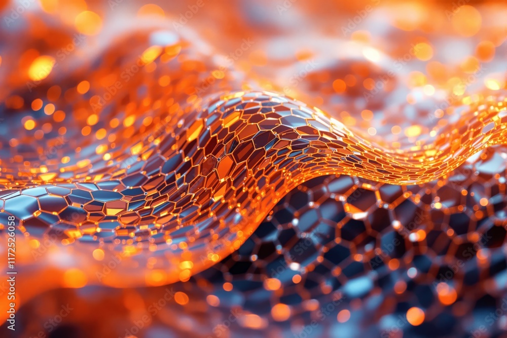 Poster abstract metallic hexagonal pattern in vibrant orange tones, glowing on a blurred background. concep