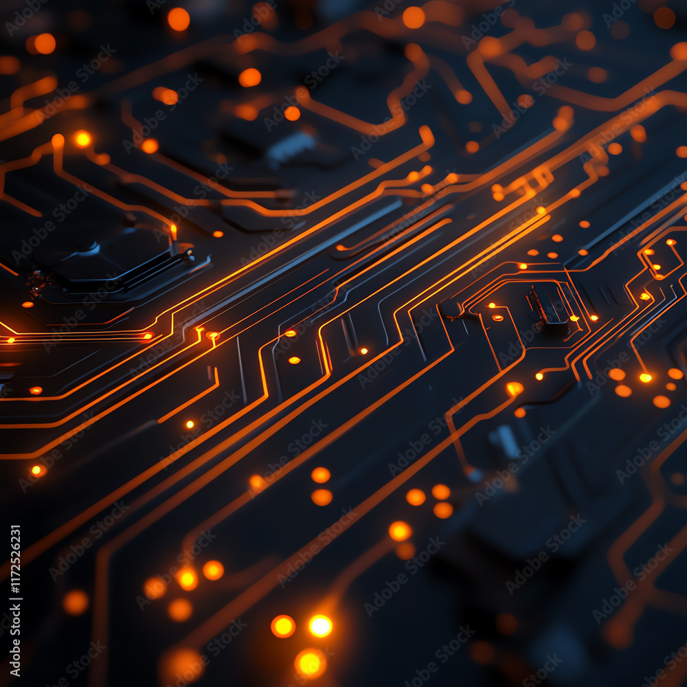 Poster close-up of a circuit board with glowing orange lines, representing advanced technology and connecti