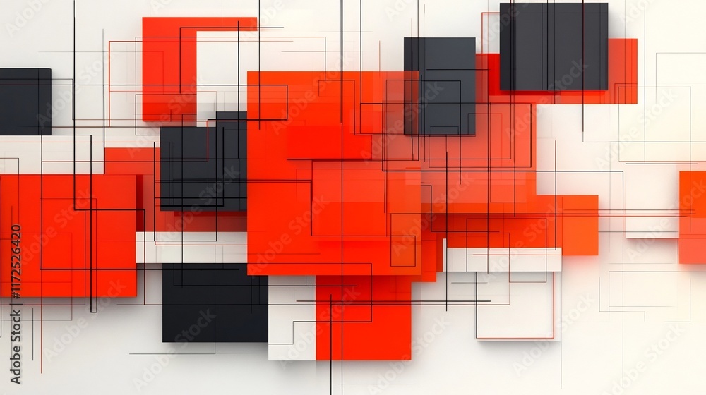 Poster vibrant abstract geometric squares and lines forming a dynamic 3d composition