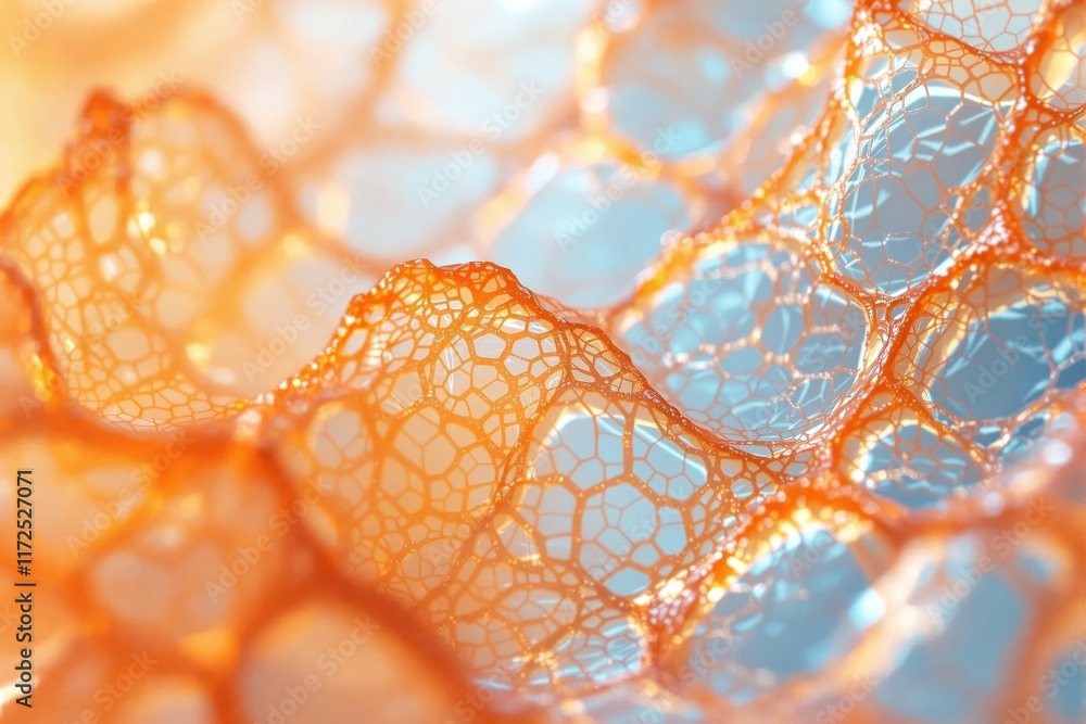 Poster abstract translucent orange mesh pattern in a close-up view, delicate geometric structure, set again