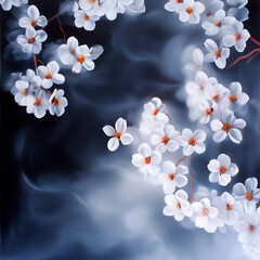 Delicate white flowers gently float against a soft, dreamy background, creating a serene and tranquil atmosphere.