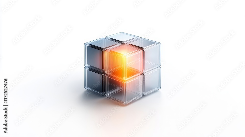 Poster abstract 3d cube structure with glowing center on white background, representing innovation, technol