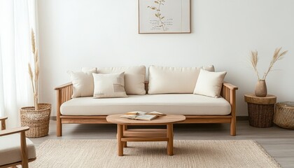 Modern Minimalist Living Room Interior with Beige Sofa Wooden Coffee Table and Natural Decor