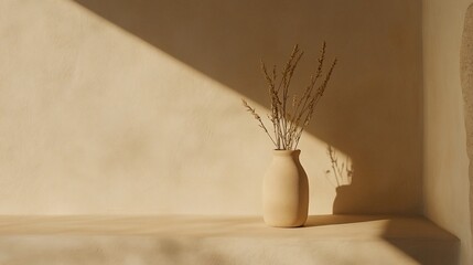 Dried flowers in beige vase, sunlit minimalist interior.