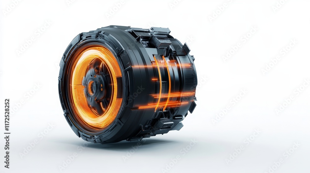 Poster futuristic energy core with orange glow and high-tech design, featuring sleek metallic structure and