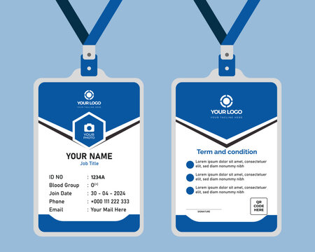 Vector id card template with clasp and lanyard. Blue and white color mock up set. Modern colorful icon collection. Employee ID. 