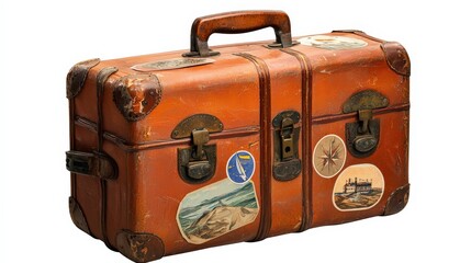A photostock of a vintage suitcase with travel stickers, isolated white background