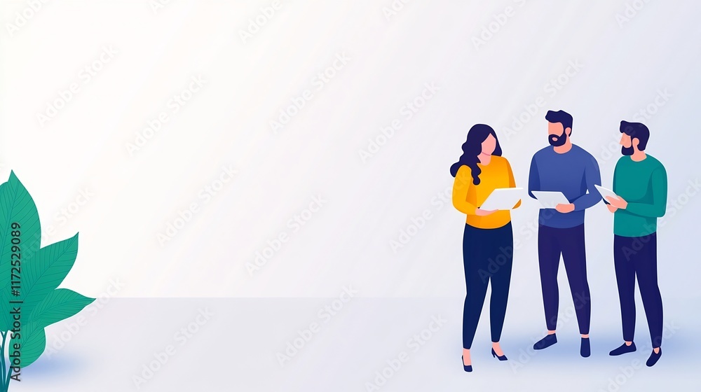 Poster diverse team brainstorming in a tech-driven corporate environment
