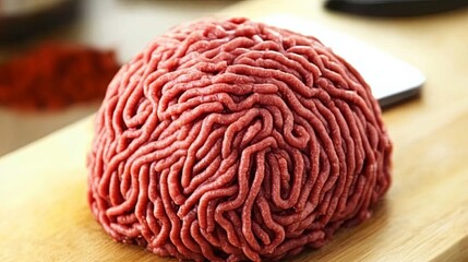 Fototapeta premium Fresh ground meat on a pristine cutting board, featuring a blurred kitchen knife and aromatic spices in the background. A culinary scene highlighting quality ingredients and kitchen essentials.