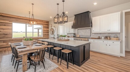 Modern farmhouse kitchen with island, wood wall, and dining area.