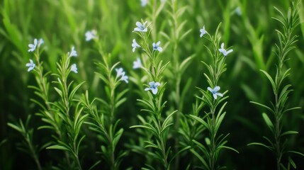 Fototapeta premium Delicate blue flowers amidst lush green foliage.