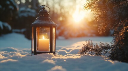 A candle lantern glowing in the snow at sunset.
