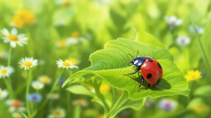 Naklejka premium World Wildlife Day. Ladybug resting on green leaf in blooming field