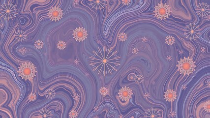 Abstract purple and peach swirl marble background with scattered decorative snowflakes, perfect for winter or holiday designs.