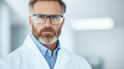 Serious Mature Male Doctor or Scientist in White Coat Glasses Close Up Portrait