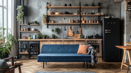 Modern industrial kitchen with blue sofa.
