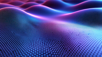 Glowing neon waves flow over digital particle landscape