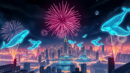 Festive whale fireworks in the sky above the city.