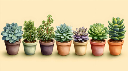 Fototapeta premium Colorful succulent plants in terracotta pots on a beige background.