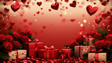 Obraz premium A Luxurious red roses, gift boxes, and heart shaped confetti create romantic scene