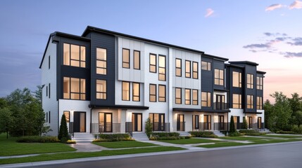 Obraz premium Modern townhouse complex with multiple units and landscaped surroundings.
