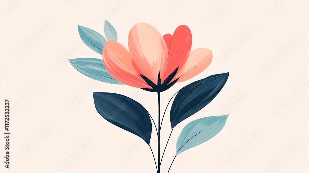 Poster continuous line floral with soft abstract curves on white background