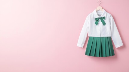 Stylish school uniform hanging against a pastel pink background, featuring a white blouse with a green bow and a pleated green skirt, perfect for educational concepts