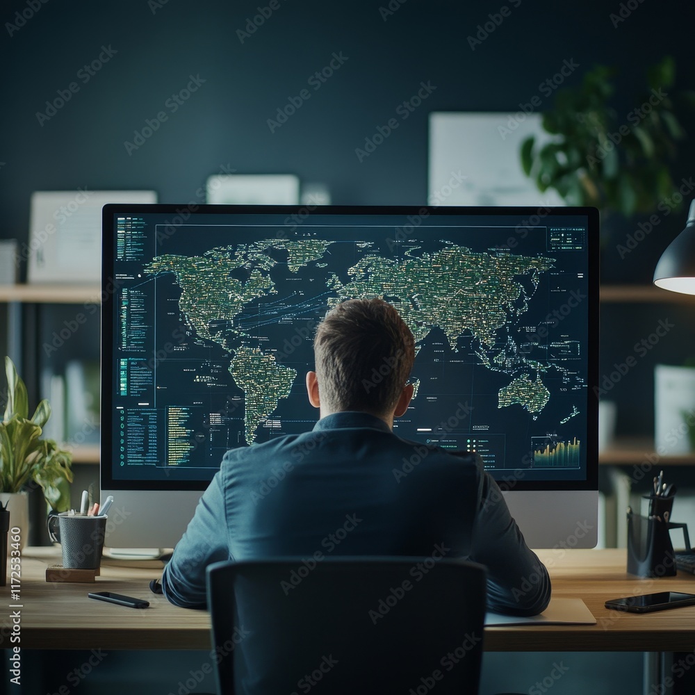 Poster business professional analyzing global data on computer screen in modern office environment with pla