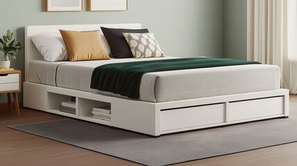 Storage utility optimization concept. Modern white bed with textured linens and decorative pillows in a stylish, minimalist bedroom setting.
