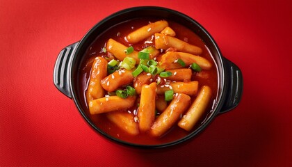 Korean spicy dish tteokbokki on red background