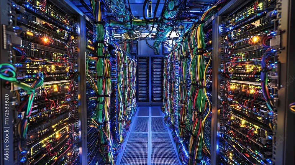 Poster high-tech computer server close-up in data center environment