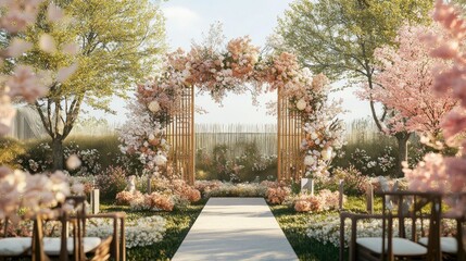 Fototapeta premium Elegant outdoor wedding ceremony setup with floral arch, aisle runner, and chairs under sunny sky.