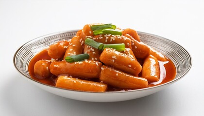 Korean spicy dish tteokbokki on white background