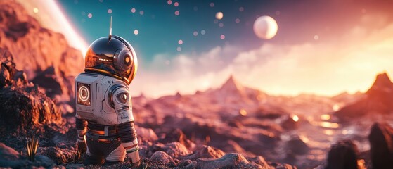 Robot explorer gazes at distant planet during sunset in an alien landscape
