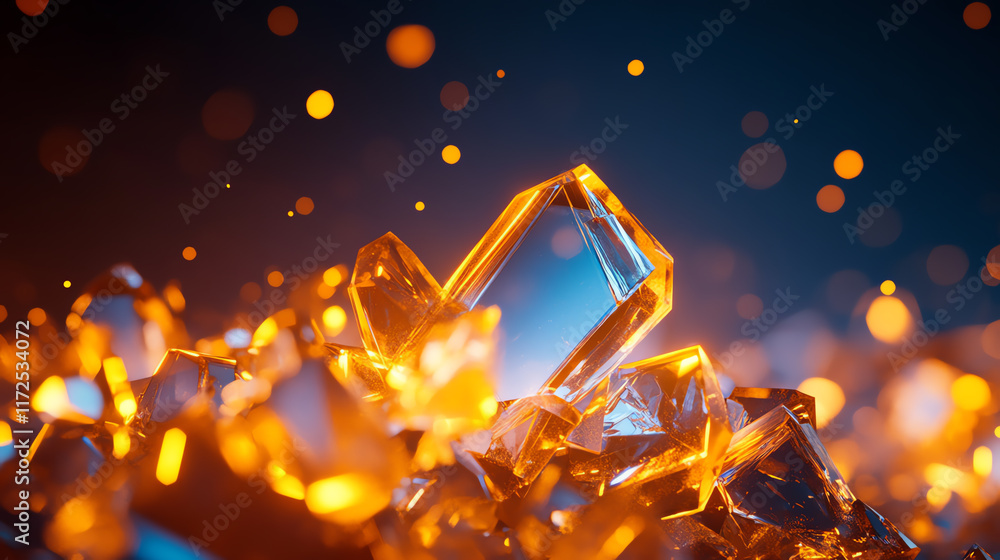 Poster vivid close-up of radiant crystal shards glowing in warm light, creating a mesmerizing visual experi