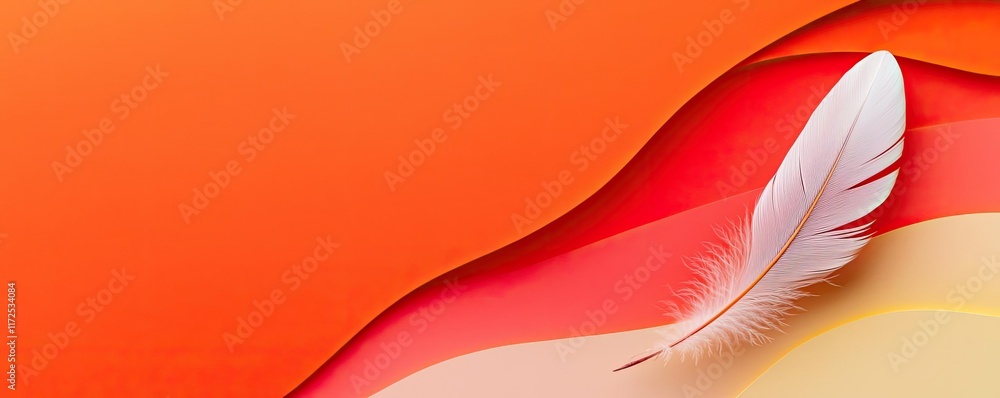 Aufkleber feather abstract background idea. a soft white feather rests on vibrant orange and red layered backg
