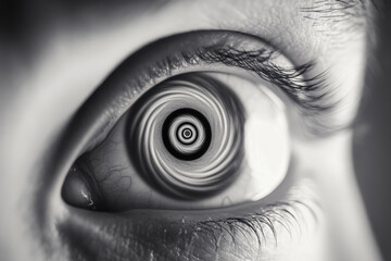 A hypnosis spiral in a human eyeball loop in black and white ,monochrome colour.